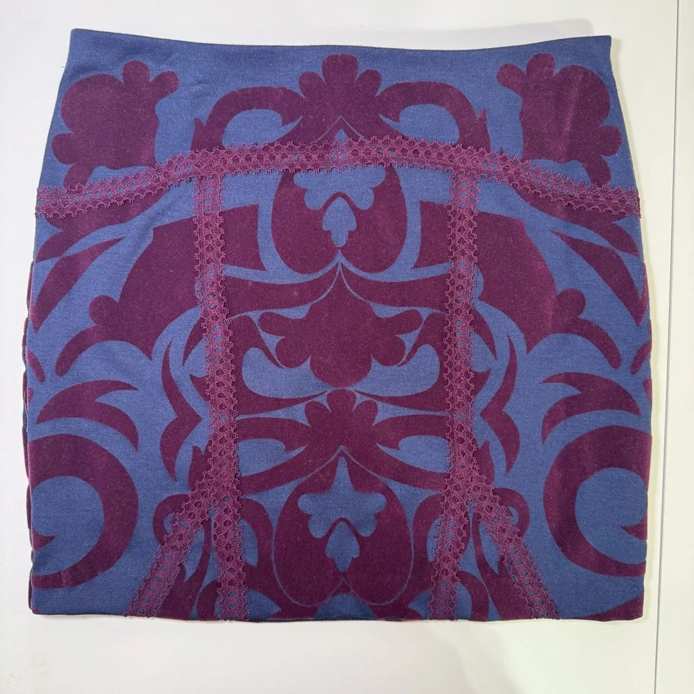 Free People‎ Velvet Burnout Mini Skirt Lace Panel Blue Purple Size S